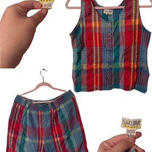 Vintage Sakura Multicolor Plaid Top and Shorts Set